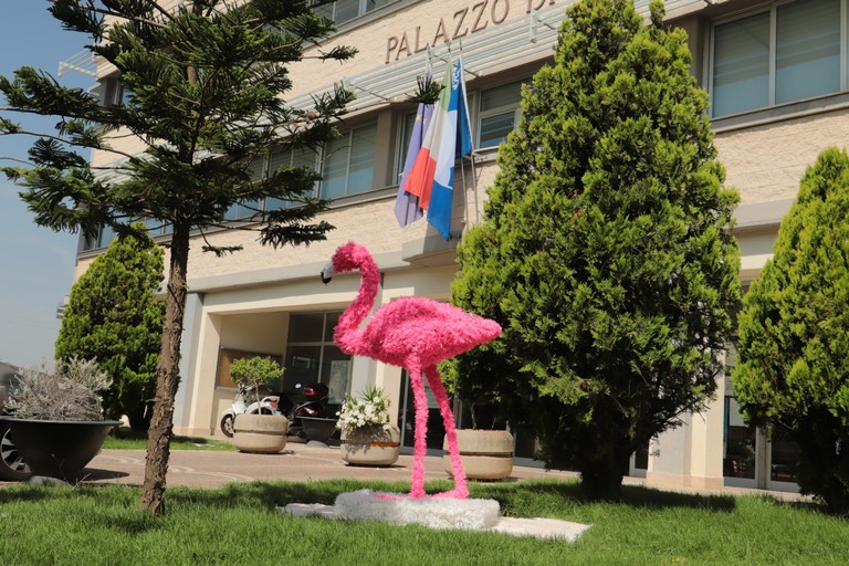 Fenicottero rosa davanti al Municipio di Margherita di Savoia